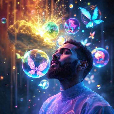 The primary subject of the image is a man with a beard, who is looking upward and appears to be in a thoughtful or contemplative state. The setting is a colorful and vibrant background featuring a variety of bubbles, which adds a playful and lively atmosphere to the scene. The visual style of the image is a combination of digital art and illustration, creating a unique and eye-catching composition. The dominant colors in the image are a mix of purple, blue, and pink,